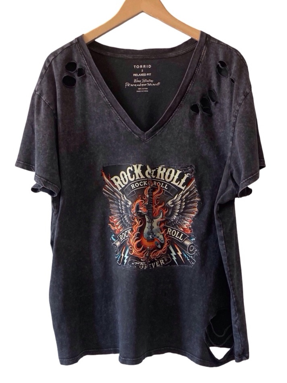 Custom Upcycled Torrid Distressed Rock & Roll Graphic Tee Washed Black Size 2 - Picture 3 of 9